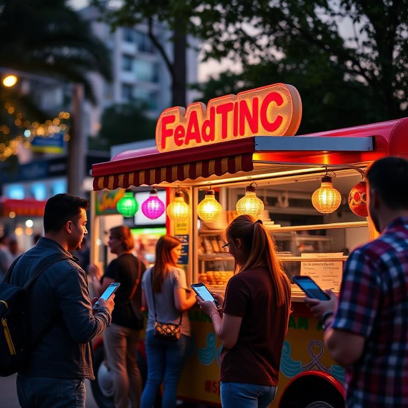 Customers ordering at a food truck on their phones