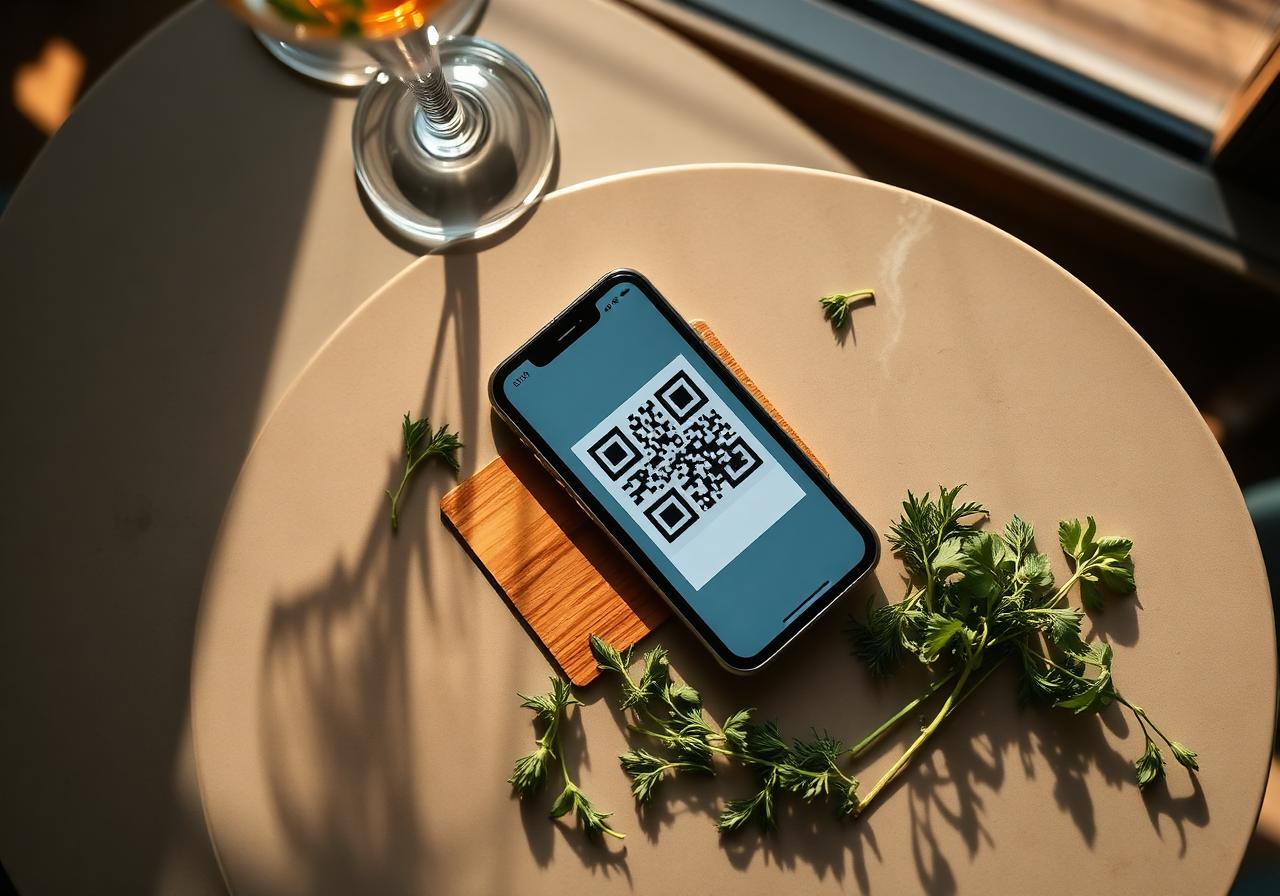 Phone scanning a QR code on a restaurant table